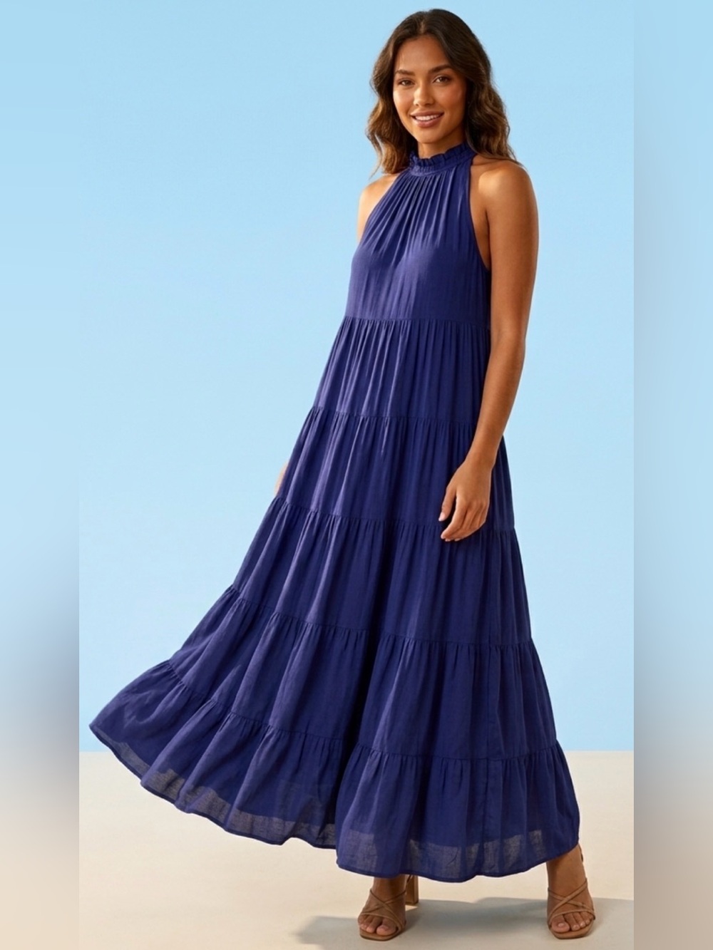 entro Navy Halter Tiered Maxi Dress